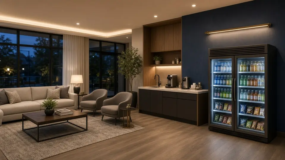 Apartment clubhouse amenity room with a smart vending cooler for residents
