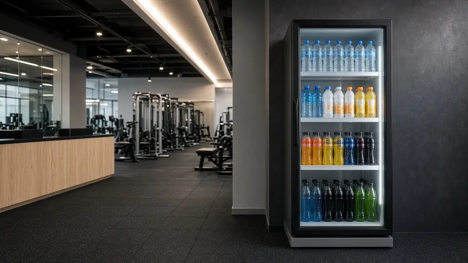 Gym lobby drinks cooler stocked with water and sports drinks