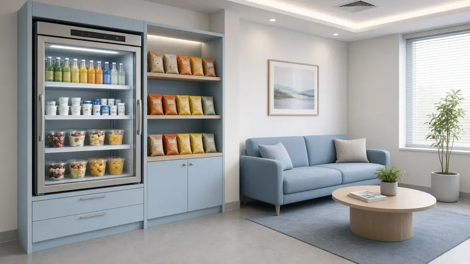 Hospital staff lounge micro market with a smart cooler of drinks, yogurt and fruit cups