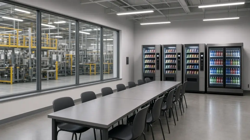 Manufacturing plant employee breakroom with vending machines and a drinks cooler