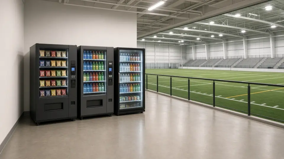 Snack, drink and smart cooler vending machines on a sports complex concourse beside a turf field