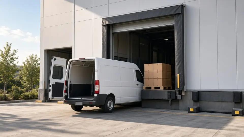 Vending delivery van at a warehouse loading dock with cases ready for restocking